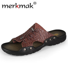 Merkmak Summer Beach Men's Sandals Slippers Crocodile Leather Fashion Casual Men's Flip Flops Cross-tied Breathable Loafer Shoes