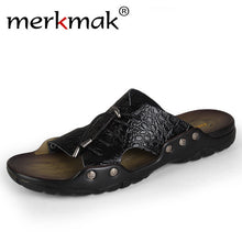 Merkmak Summer Beach Men's Sandals Slippers Crocodile Leather Fashion Casual Men's Flip Flops Cross-tied Breathable Loafer Shoes