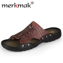Merkmak Summer Beach Men's Sandals Slippers Crocodile Leather Fashion Casual Men's Flip Flops Cross-tied Breathable Loafer Shoes