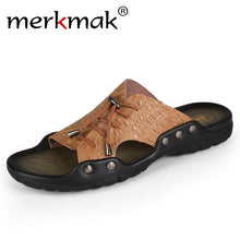 Merkmak Summer Beach Men's Sandals Slippers Crocodile Leather Fashion Casual Men's Flip Flops Cross-tied Breathable Loafer Shoes