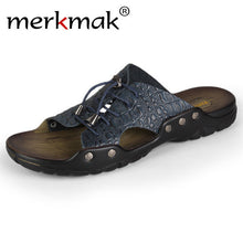 Merkmak Summer Beach Men's Sandals Slippers Crocodile Leather Fashion Casual Men's Flip Flops Cross-tied Breathable Loafer Shoes